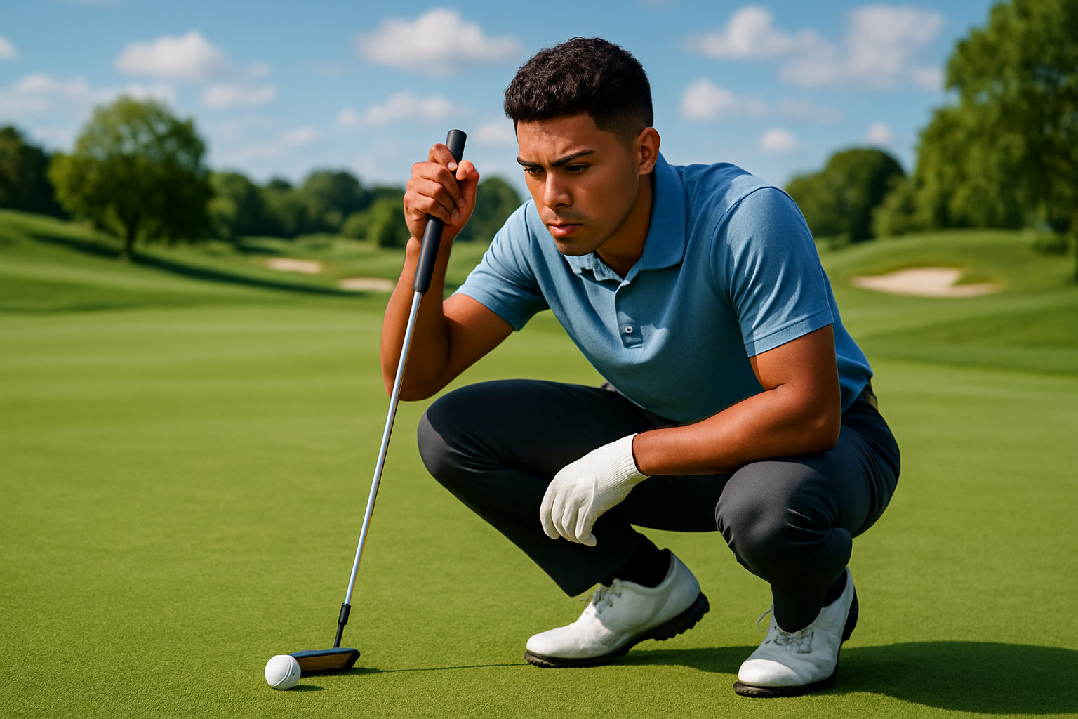 A latino 20 year old man putting on a golf course. 